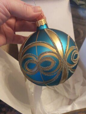Nordstrom Mark Roberts? Teal Blue Glass Christmas Ornament Beaded Glitter 4"
